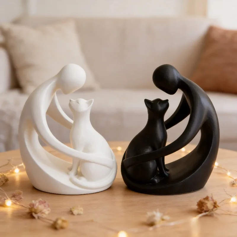 Statue of a Human and a Cat, Modern Abstract Tabletop Decoration, a Gift for Pet Lovers, for Eid Al-Fitr Celebration
