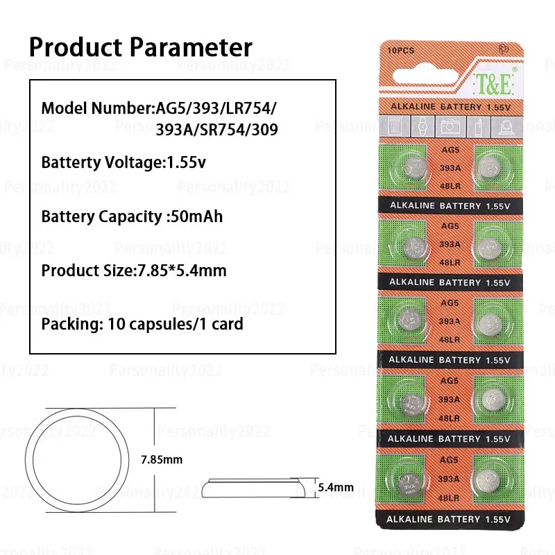 AG5 LR754 393 LR48 Batteries SR754 L754 G5 193 393A 1.55V Button Alkaline Battery for Headphones Hearing Aids Watch Toy