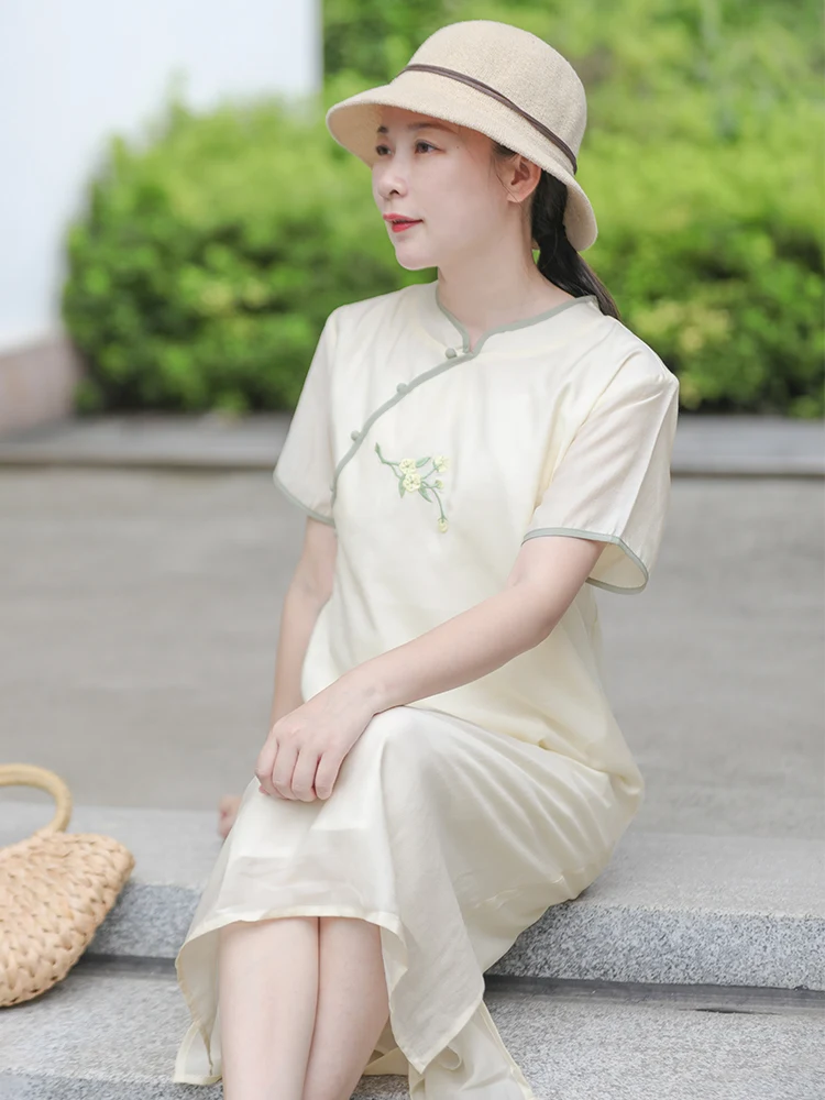 

Элегантное китайское платье из ацетата для женщин: летнее, приталенное, с вышивкой, длинное, в этническом стиле, повседневное, шикарное