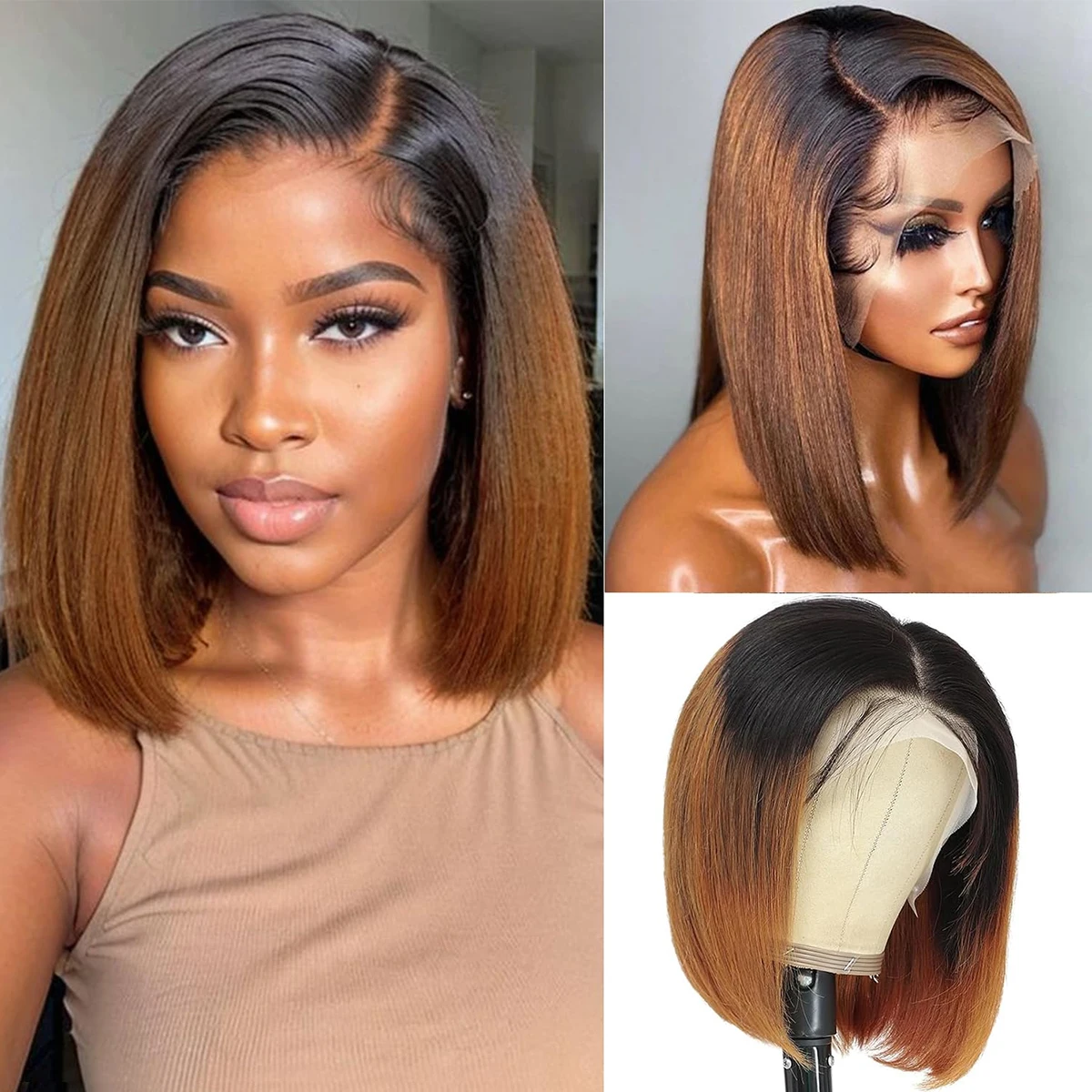 

Remy Human Hair 13x4x1TPart Lace Frontal Wig 1B/30 Straight Short Brown Colored Bob Wig 180% Density Pre Plucked with Baby Hair
