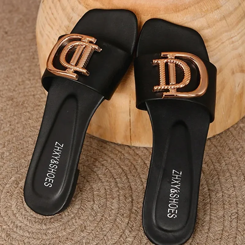 Women Luxury Slippers Buckle Design Small Incense Style Casual Women Flat Sandals External Wear Summer Sandy Beach Woman Slides