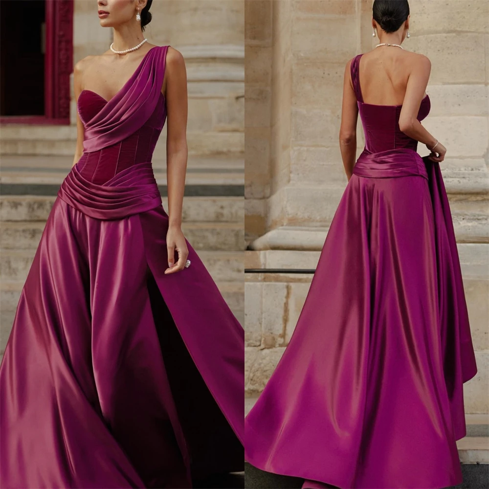 

Customized Satin Draped Pleat Ruched Clubbing A-line One-shoulder Bespoke Occasion Gown Long Dresses