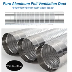 Φ100mm 1.5m Pure Aluminum Foil Pipe Ventilation Exhaust Accessories Connection Flexible Tube Duct with Stainless Steel Head