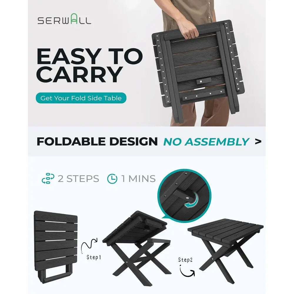 Portable Black HDPE Outdoor Side Table, Folding Adirondack Style End Table