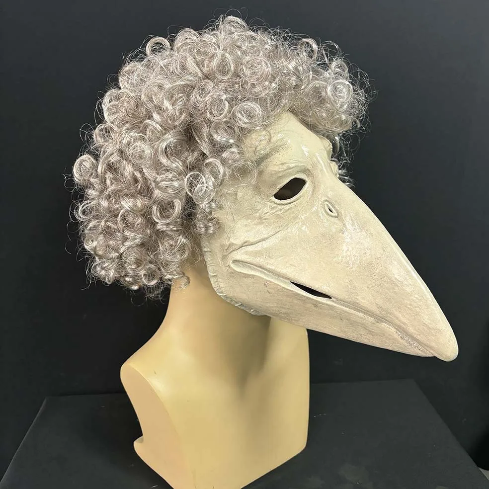 Retro-Vogelgesichtsmaske mit langem Schnabel aus Latex, Vollgesichtsmaske mit gelockter Perücke, Set für Halloween-Cosplay-Party-Kostüm-Requisiten für Erwachsene – Detail 4