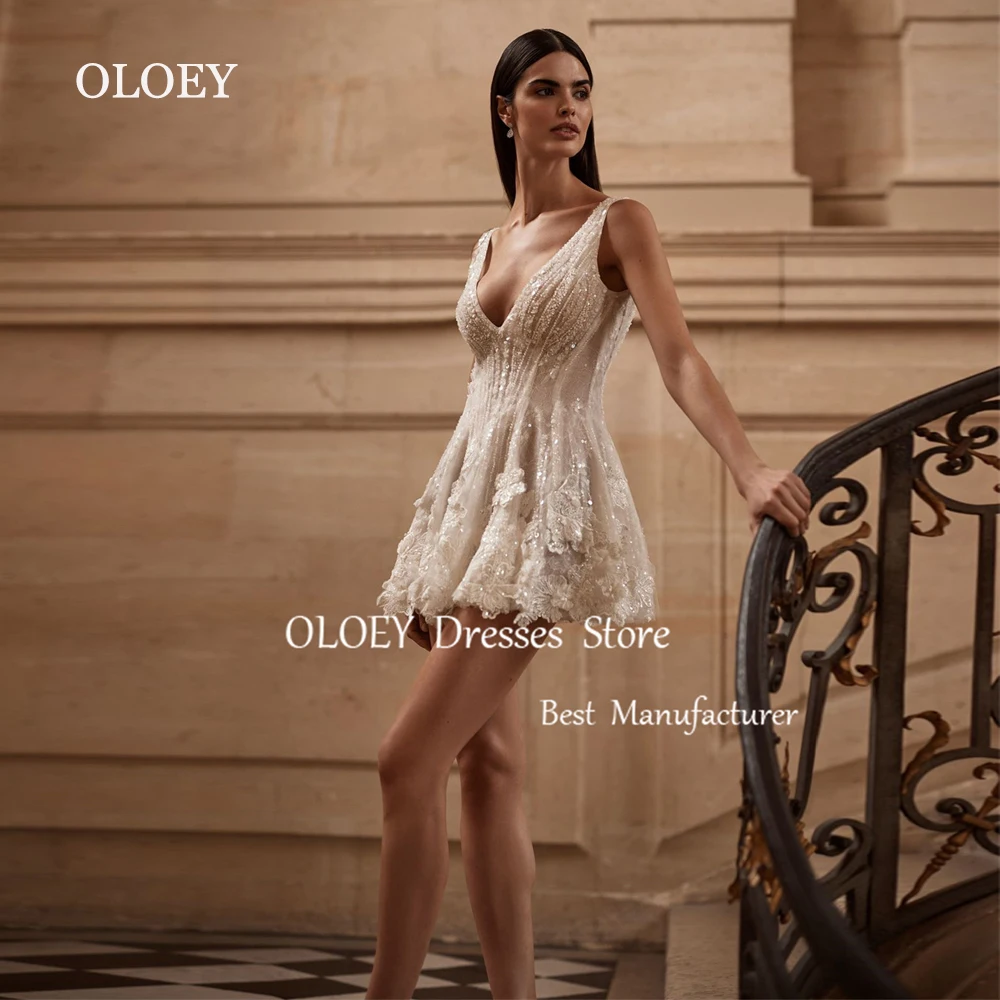 OLOEY 2025 Luxury Beads Short Wedding Dress Photoshoot V Neck Mini Bridal Gown Sleeveless Zip Back Custom Made Formal Party Gown