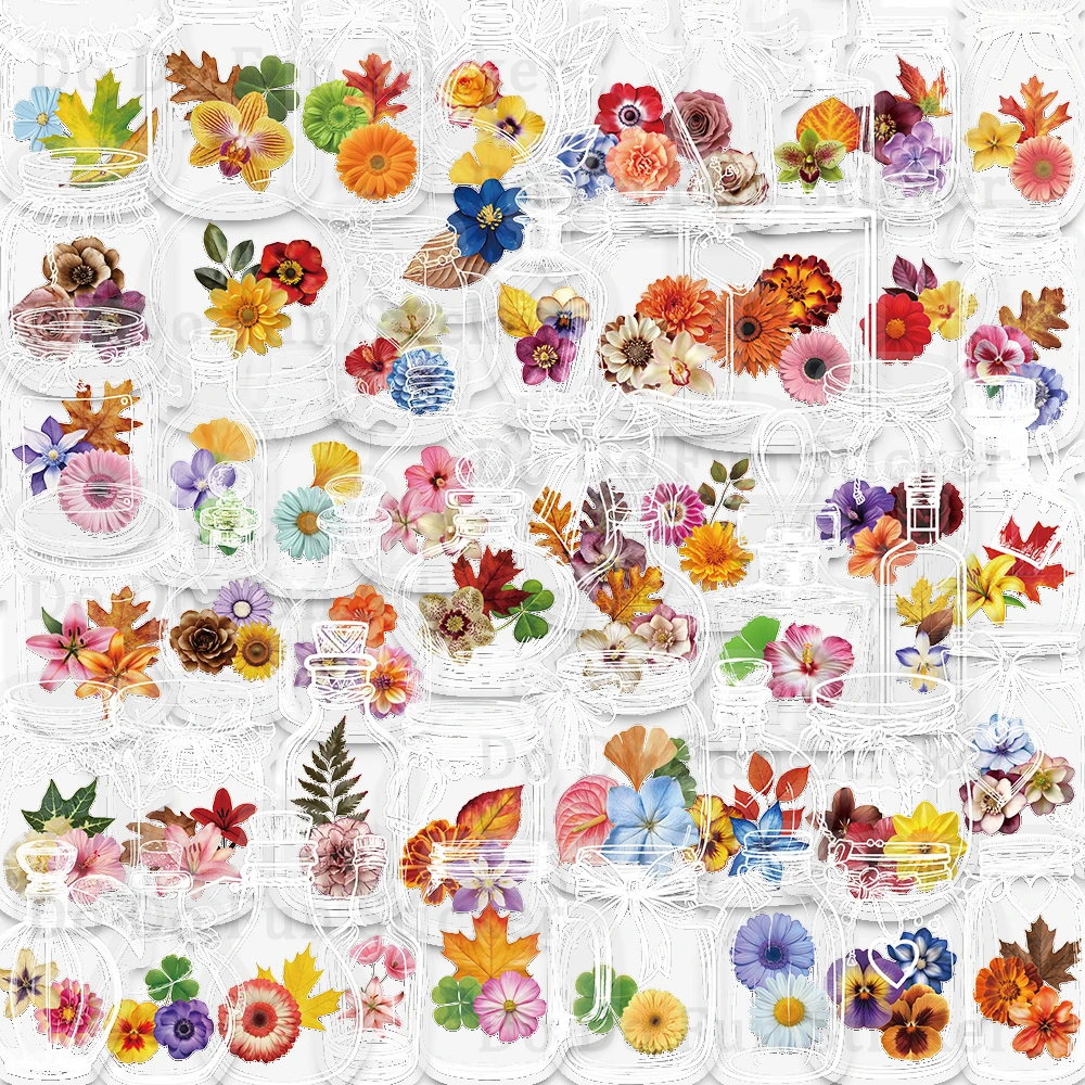 Bottiglie di vetro da 50 pezzi con adesivo in PET con fiori secchi, impermeabile, resistente all'olio, trasparente, arte romantica, collezione regalo di fiori colorati