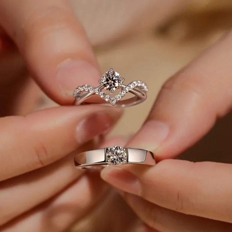 

Elegant S925 Silver Rhodium Plated 1CT D Color Moissanite Crown Design Couple's Rings, Adjustable & GRA Certified, Gift Ready.