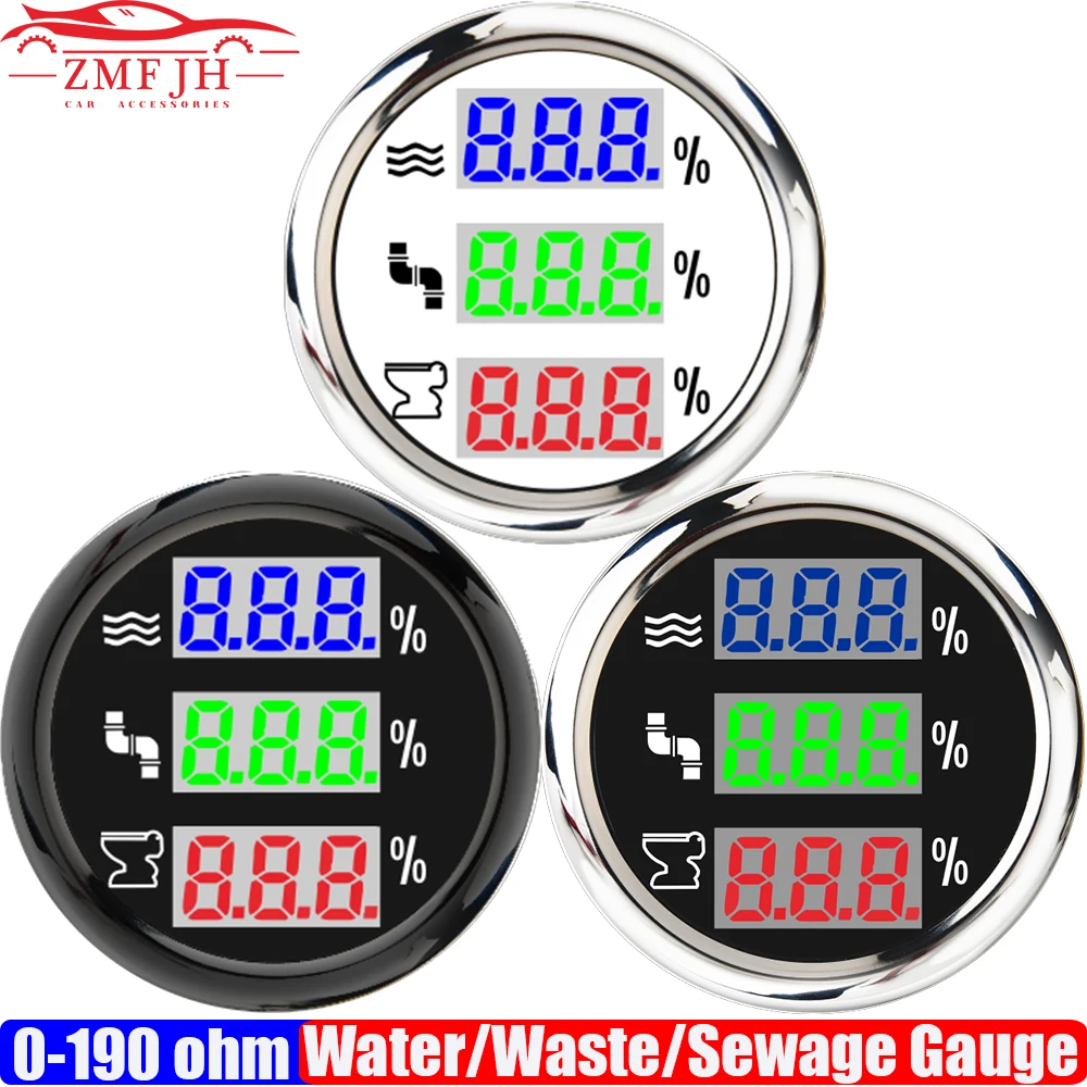 

Digital 52mm Gauge 3 IN 1 Water/Waste/Sewage Level Gauge with Flash Alarm 0-190ohm Multi Meter Blue,Green,Red LED for Car Custom