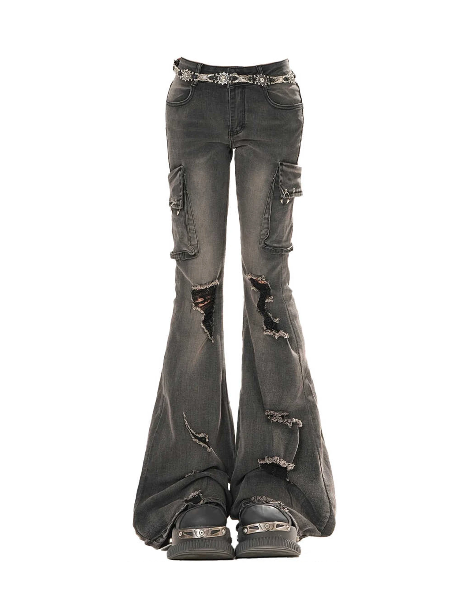 

Women's Black Gothic Y2k Ripped Flare Jeans Vintage Low Waist Denim Trousers Japanese 2000s Style Cargo Jeans Long Pants Clothes