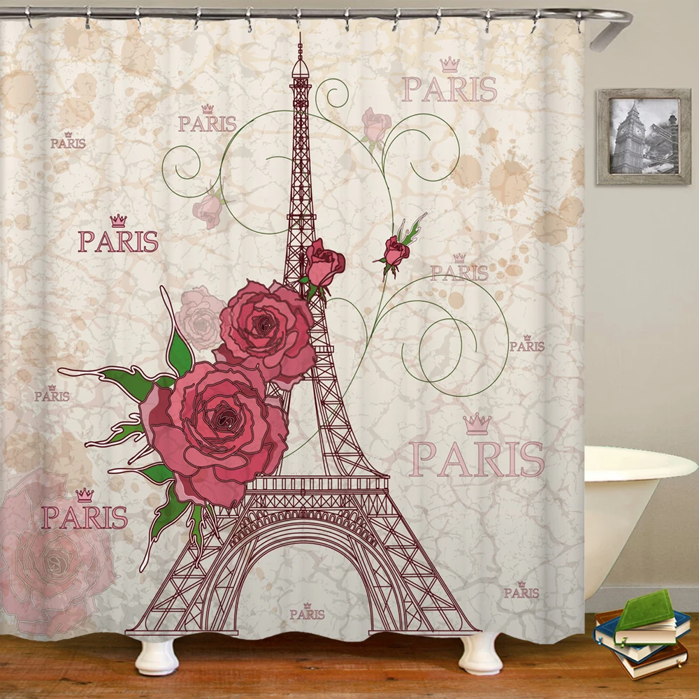 3d Shower Curtains Flowers Paris Tower Waterproof Bathroom Curtain With 12 Hooks Home Decoration Washable Polyester Bath Screen