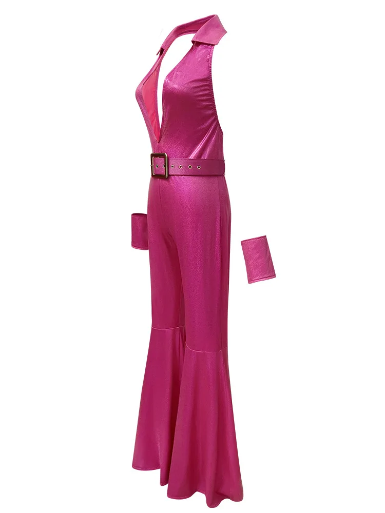 Disco Jumpsuit Hippie Costumes Pie Retro Disco Bidtsyut Pink Hip Hop Flare Bottoms Glitter Jumpsuit Belt and Wrist Strap