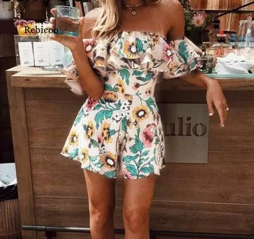 Women Summer Jumpsuits Off Shoulder Ruffle Bodycon Playsuit Sexy Fashion Floral Printed High Quality Bodysuits 2022 New