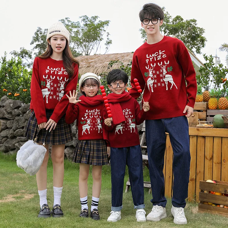 New Year Family Matching Christmas Knit Sweater Red Mom Daughter Tops and Plaid Pleated Skirt Sets Dad Son Child Knitted Jumper