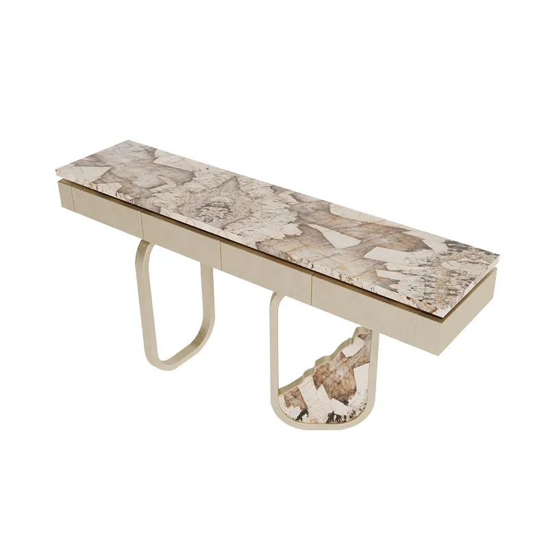 *Luxury Artistic Side Table Integrated Stone Top Stainless Steel Legs Entryway Decor with Drawers and Stone Inlay Design