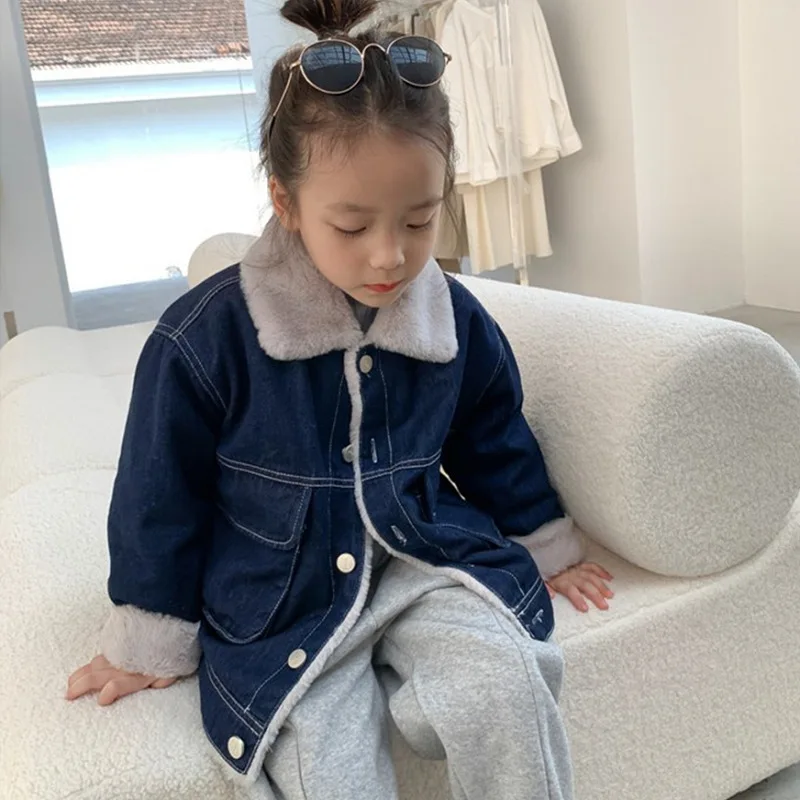 الخريف الشتاء الفتيات الدنيم سترة الدفء معطف لون نقي التلبيب القمم موضة جديدة 7 إلى 12 سنة ملابس الأطفال مريحة #4