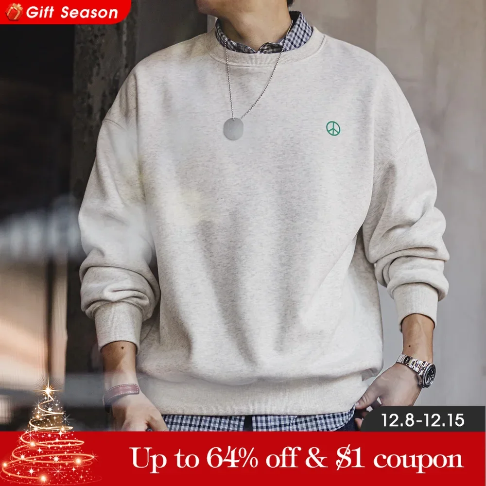 Maden Casual Gray Round-Neck Hoodie Fleece-Lined Sweatshirt Basic Loose Fit Undershirt for Men's Autumn and Winter Warm Tops