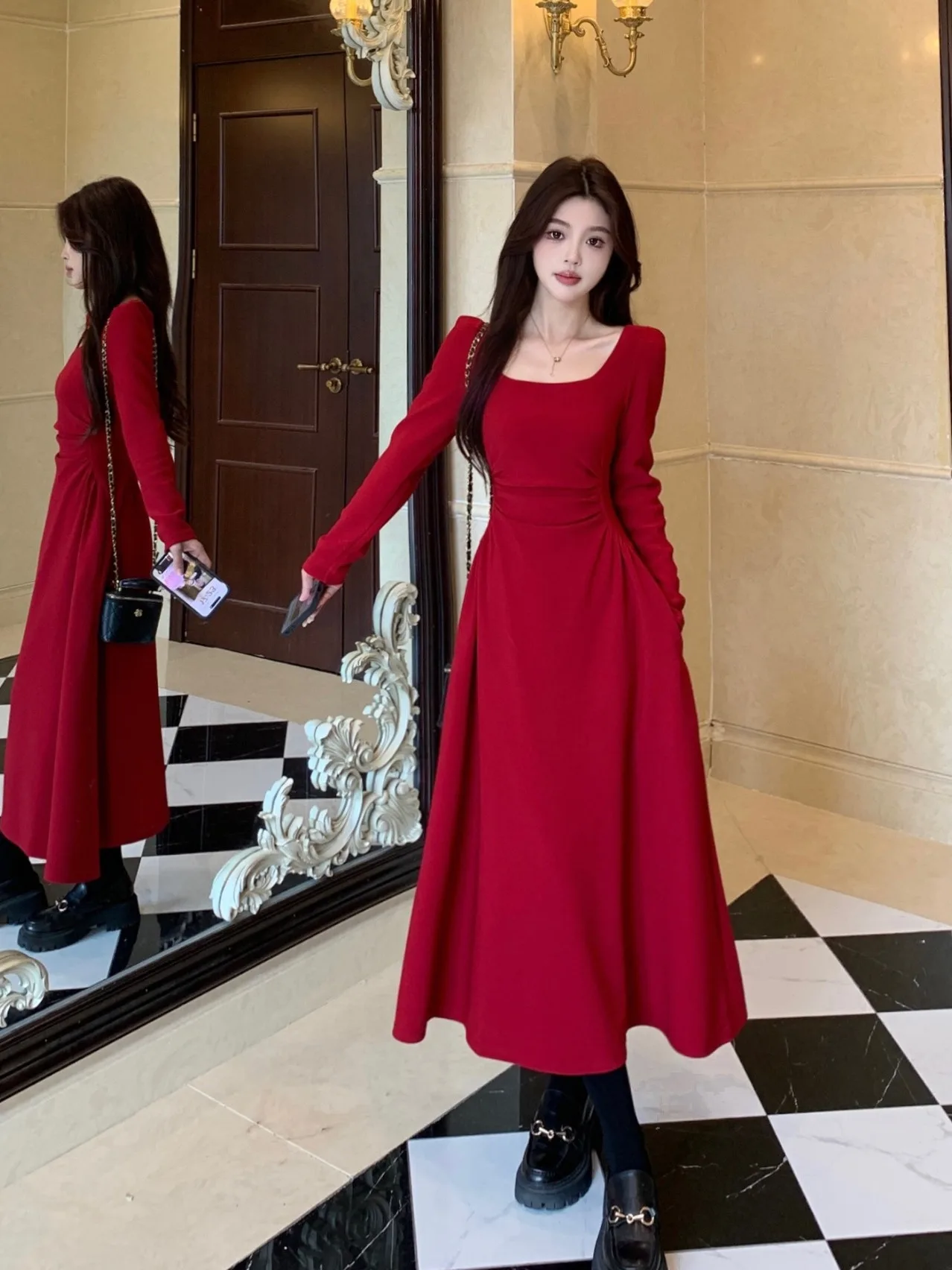 

Женская винтажная красная юбка миди А-силуэта больших размеров с длинным рукавом, утягивающая, с завышенной талией, осенняя новинка, элегантный дизайн