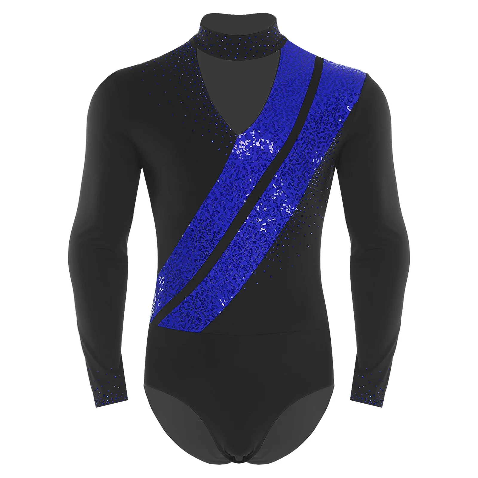 Mens Tango Ballo latino Body Paillettes lucide Manica lunga Body Tuta Balletto Ginnastica Pattinaggio di figura Costume da prestazione