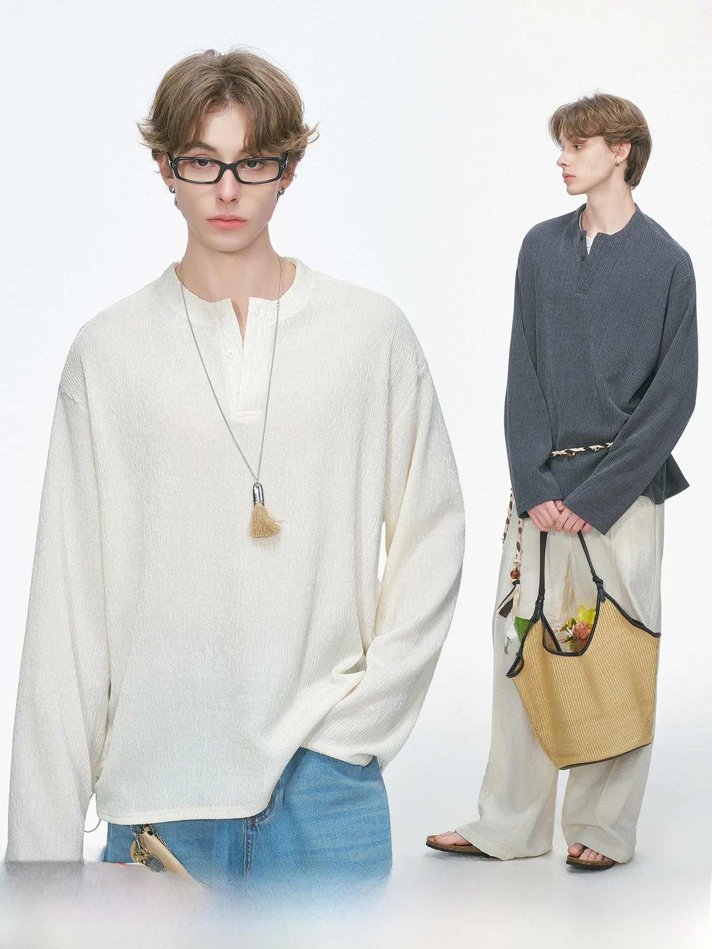 Long Sleeve Henry Collar T-Shirt Men's Base Layer Shirt Inner Wear Spring Autumn Dream Made Vintage Branch Texture Men's Top