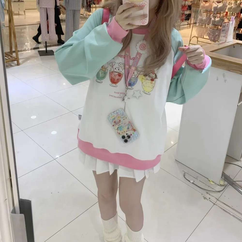 Japanese Cute Patchwork T-shirt Harajuku Cartoon Print Long Sleeve Tops Y2k Clothing Women Spring Autumn Tees Student Dopamine