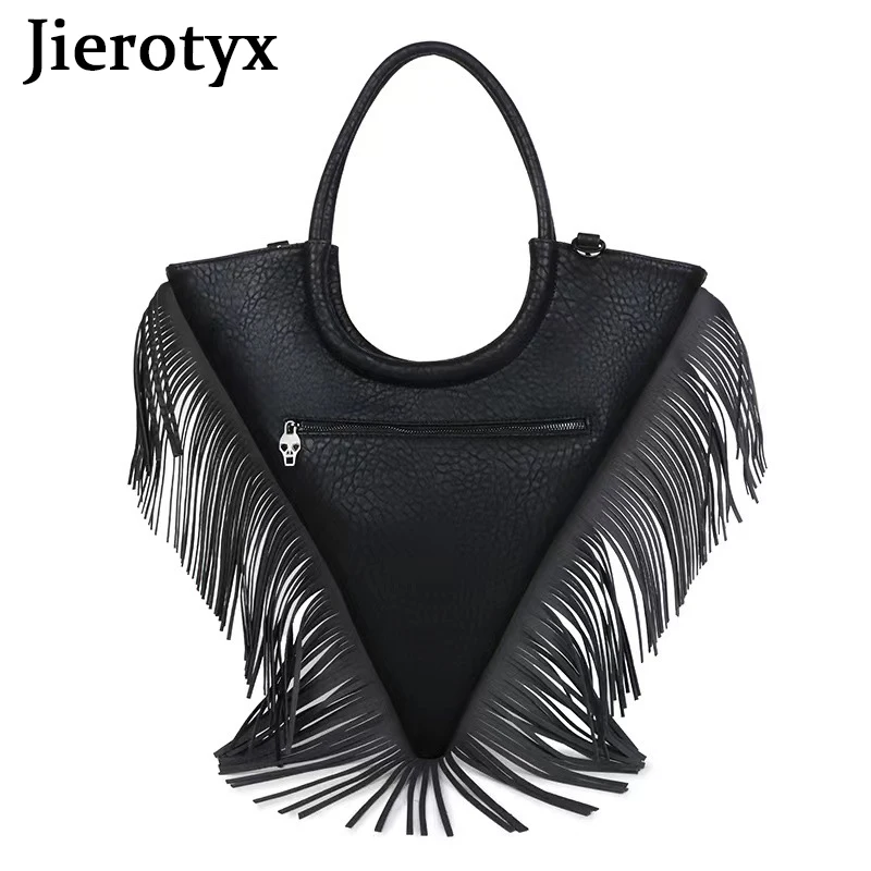 JIEROTYX Women Black Tassel Bags Classic PU Leather Shoulder Bags Gothic Rivets Skull Large Handbags Purse Shoulder Tote