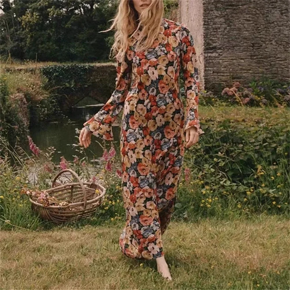 

Floral Print Women's O-neck Midi Dress Long Sleeve Slim Fit Holiday Vacation Lady Mid-length Dresses