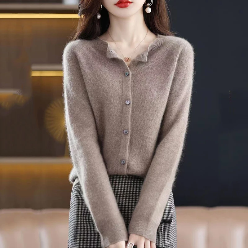 New Spring Autumn Round Knitted Sweater Fashion Women's Long-Sleeved Cardigan Top Ladies Casual Sweater Jacket Black Green Grey