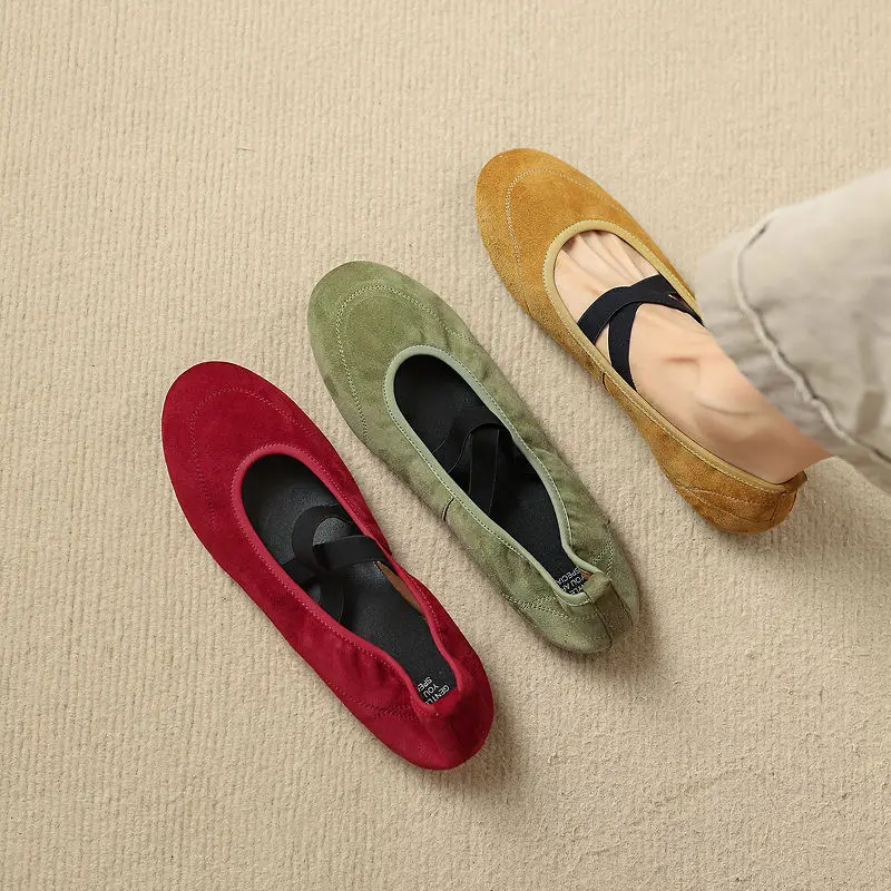 2026new spring autumn women pumps natural leather 22-25cm sheep suede+sheepskin+pigskin round toe cross-tied women shoes fashion