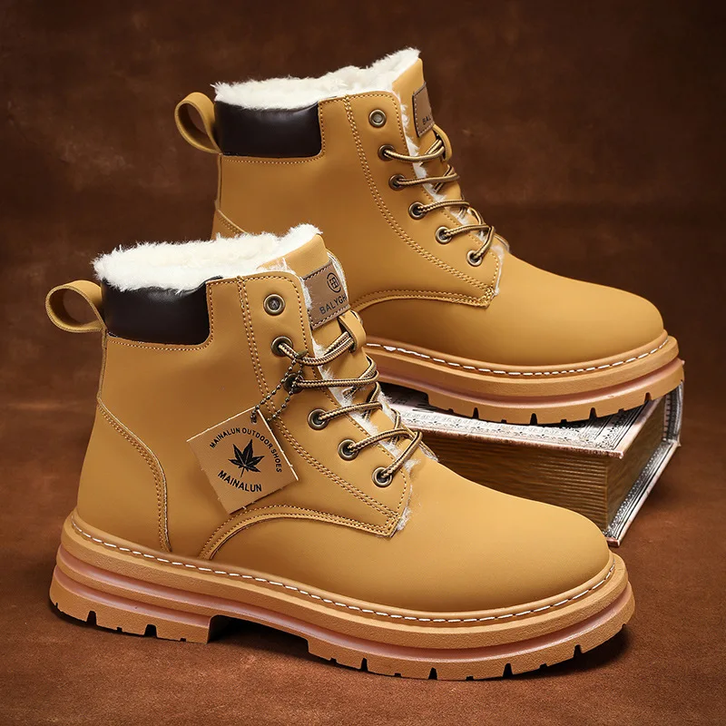 

winter snow boots with warm plush lining non-slip sneakers men high top waterproof leather shoes thick-soled heightening shoes