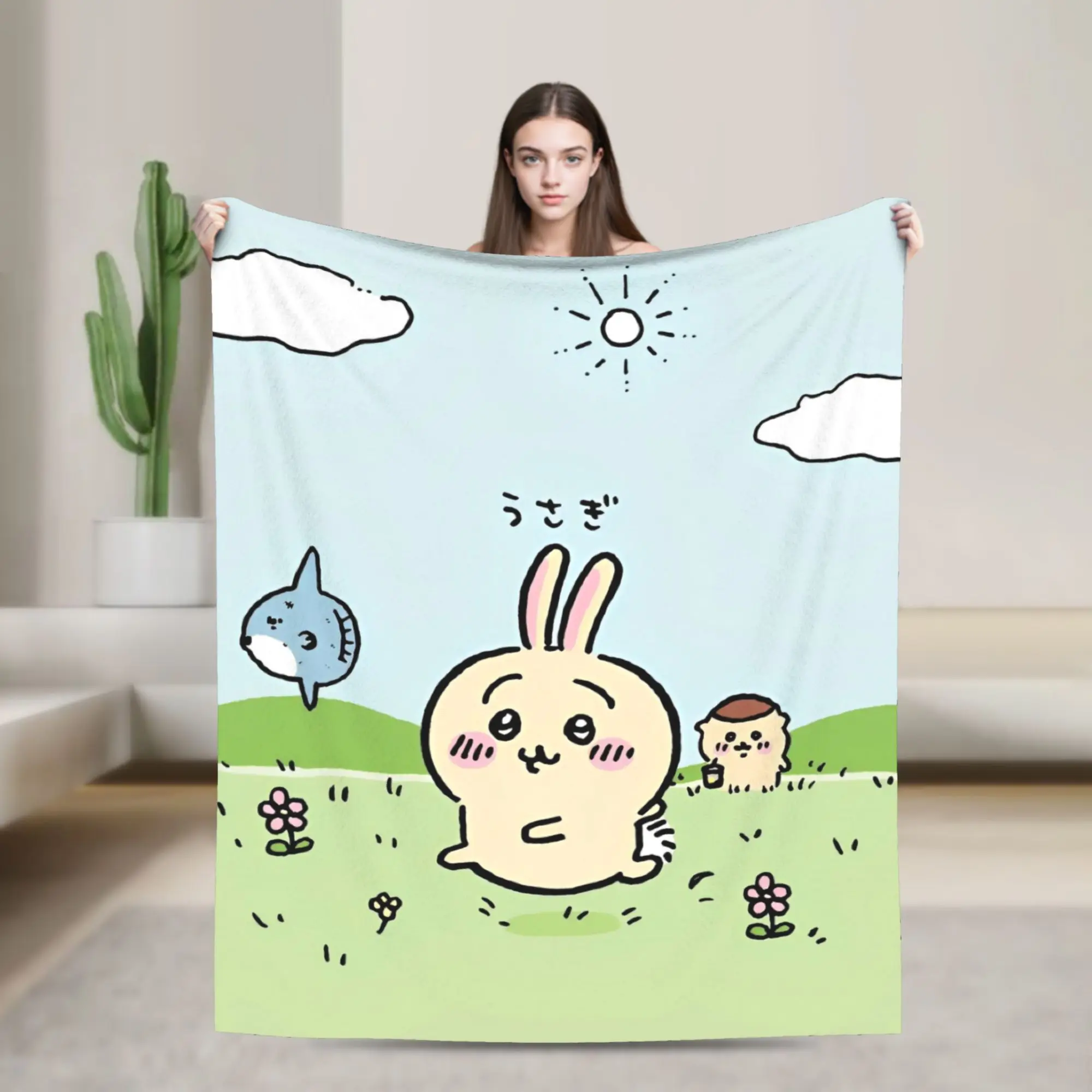 Cute Manga Chiikawas Blanket Flannel Summer Air Conditioning Breathable Lightweight Throw Blanket for Bed Plush Thin Quilt