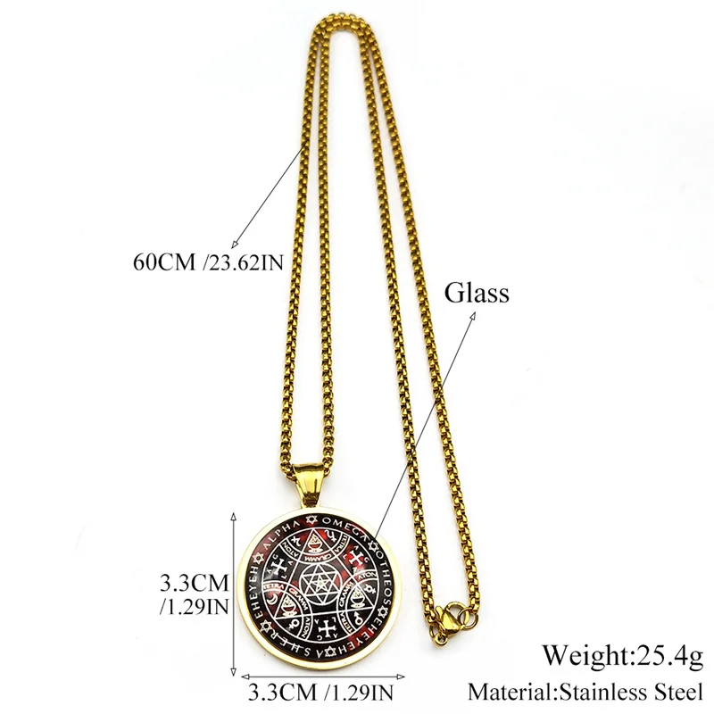 مفتاح سليمان سيجيل الزجاج ميدالية مستديرة قلادة للنساء الرجال الفولاذ المقاوم للصدأ الذهب اللون رئيس الملائكة الكابالا تعويذة مجوهرات