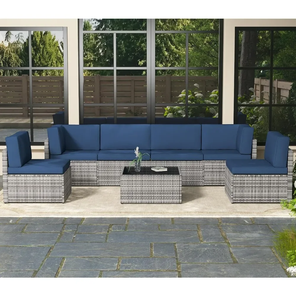 

7 Piece Outdoor Patio Furniture Set, Outdoor Sectional Conversation Furniture Chair with Coffee Table, Patio Sectional for Back