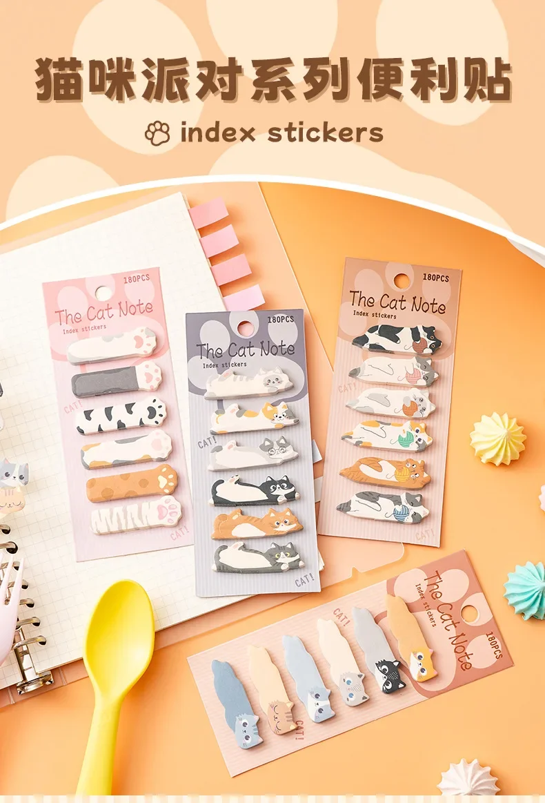 180 Blatt Haftnotizen mit Cartoon-Tieren, Kawaii-Katzen-Index-Tabs, Aufkleber, Etikettenpapier, Notizblöcke – Detail 1