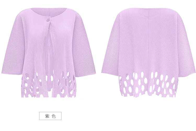Miyake Plissierter Damen-Cardigan mit Ausschnitten, Einzelknopf, 3/4-Ärmel, Leicht, Locker, Einfarbig, Lässig, Sommer, Damen-Oberbekleidung – Detail 15
