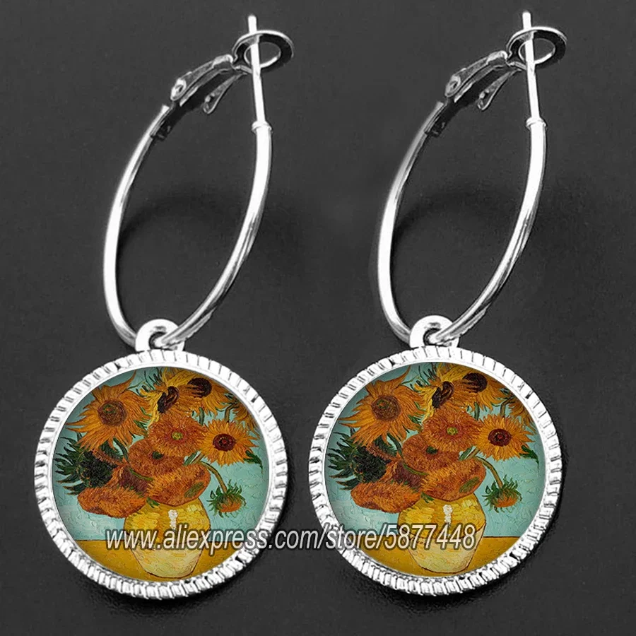 Van Gogh Dangle Earrings Starry Night Loop Earring Women Girl Gift Glass Cabochon Jewelry Hoop Earings Delicate Ear Hoop