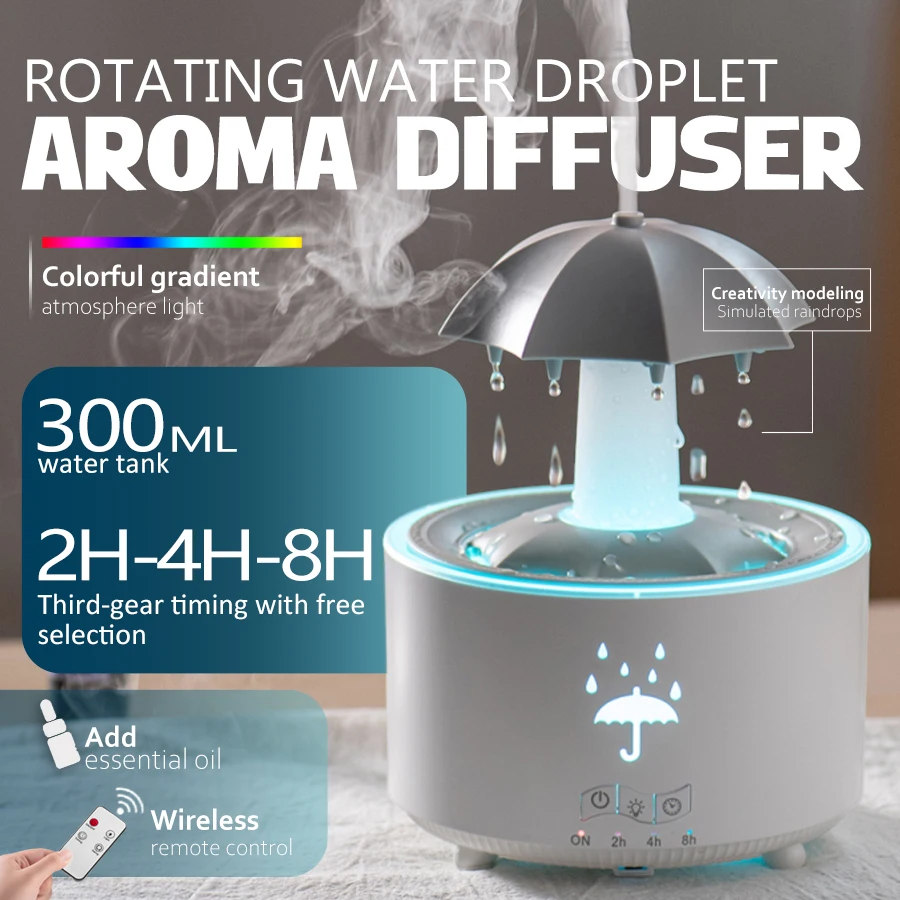 Raindrop Aroma Humidifier, 7 Color Light, Remote Control, 300ml, 2-8H Timer, Essential Oil Diffuser, Quiet Cool Mist for Home