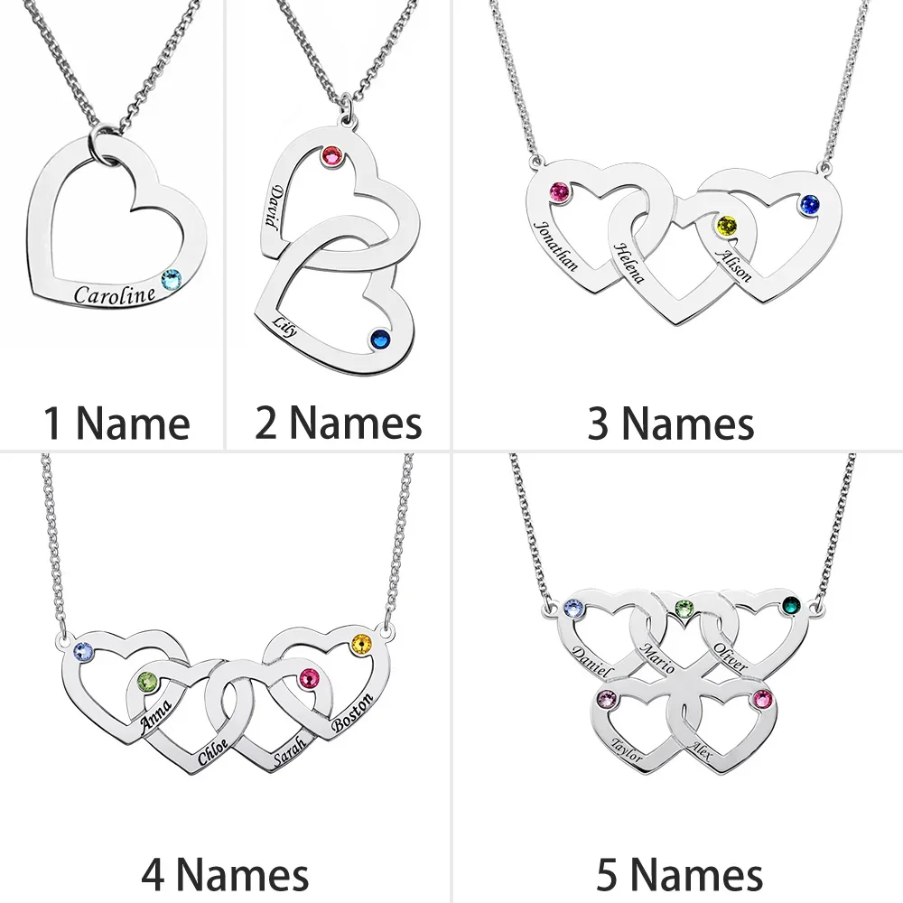 925 Sterling Silver Engraved 1-5 Intertwined Hearts Name Personalized Necklace with Birthstones Birthday Jewelry for Women Gifts