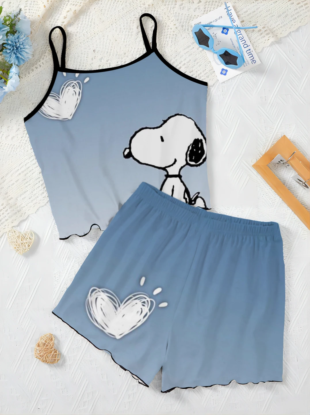 Dame Sets für Frauen 2 Stück Damen Anzug Top Home Kleid Salat Trim T-Shirt Pyjama Rock Snoopy kurze elegante Slip Kleid Top