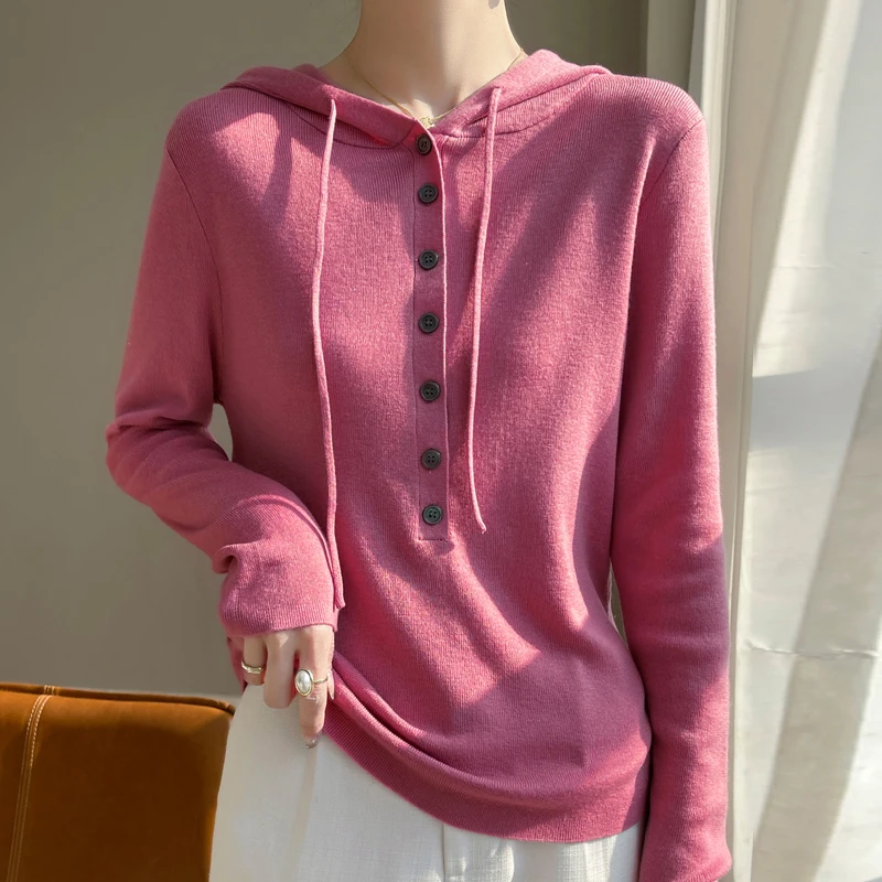 New hooded spring/summer wool sweater for women's thin Blouse loose casual hoodie with drawstring sweater