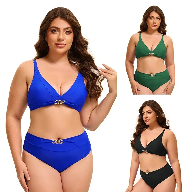 2026 New  Large Size Solid Bikinis Two Pieces Middle Waist Swimsuit Women  Swimwear Female Bathing Swimming Suit Beachwear