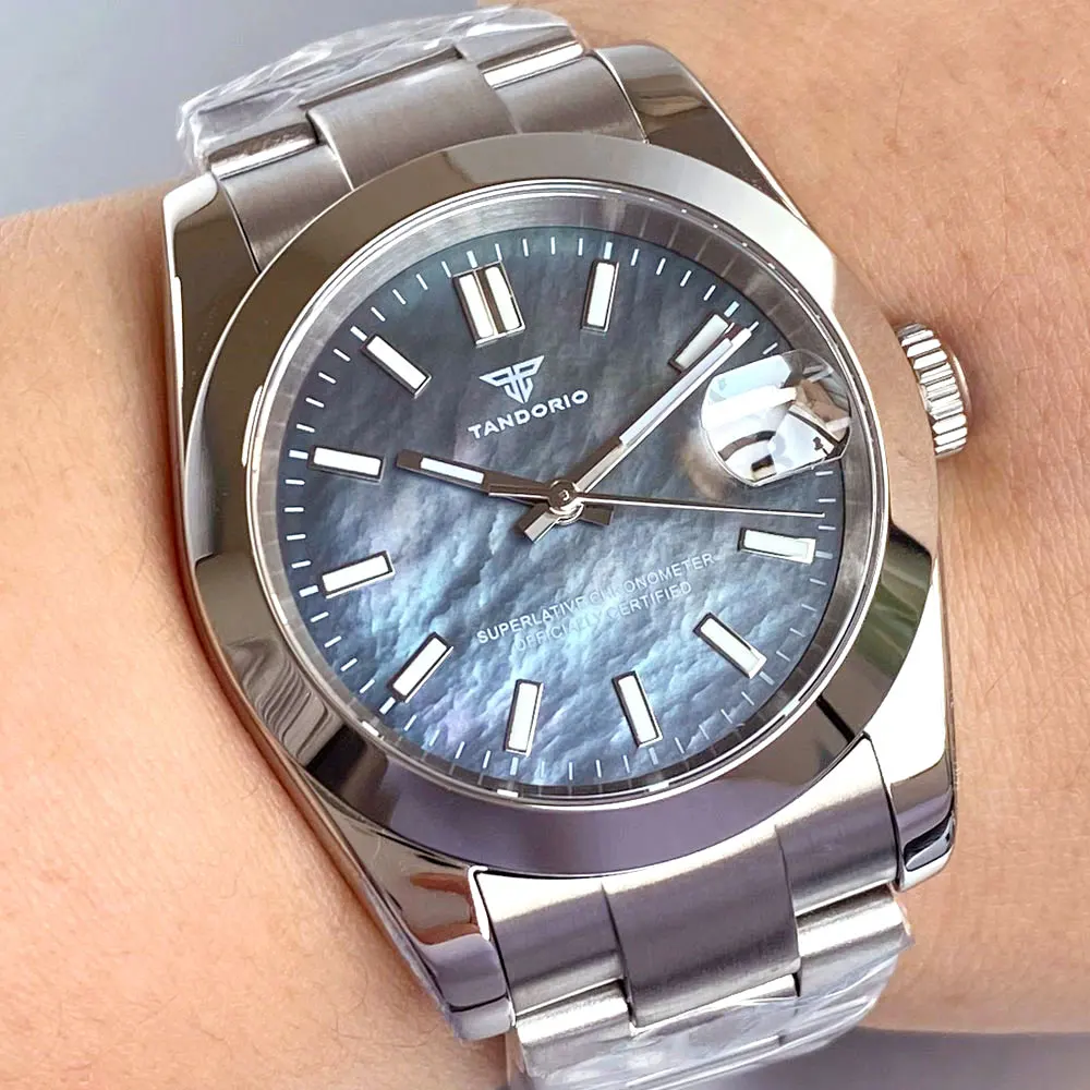 Polished Fixed Bezel Black/White Shell Dial Tandorio 36mm Japan NH35A Automatic Men Watch Sapphire Crystal Bracelet Glidelock