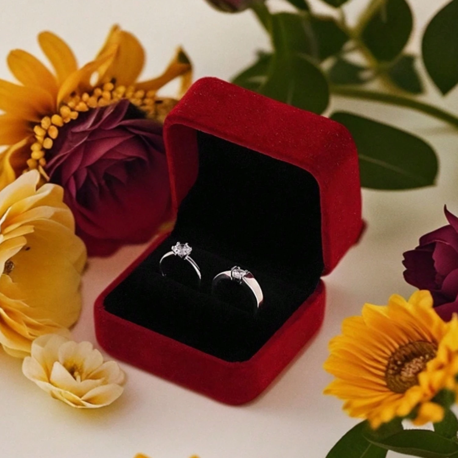 Caixa de Anel de Veludo Vermelho para Casamento, Caixa de Anel Duplo de Veludo para Proposta, Acessórios de Casamento (Anel em exibição não incluído)