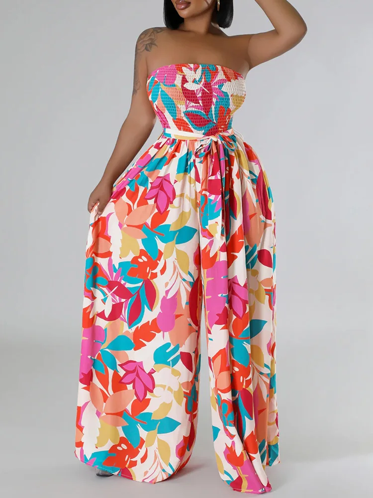 

Floral Print Sexy Strapless Backless Belted Summer Jumpsuit Women