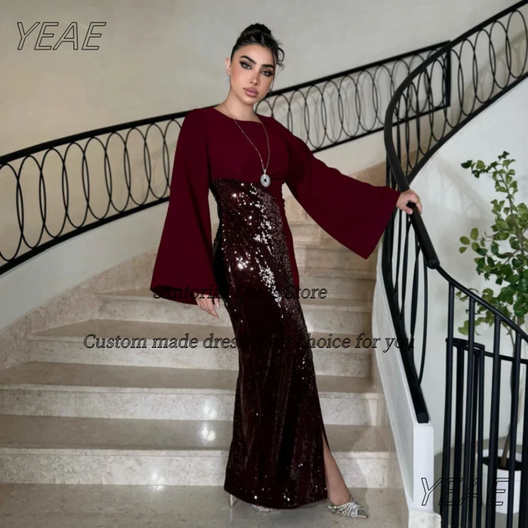 

Санторини, атласные платья для выпускного вечера с блестками, 2025 г., вечерние платья с длинными рукавами, Саудовская Аравия, вечернее платье с разрезом по бокам, вечернее платье по индивидуальному заказу