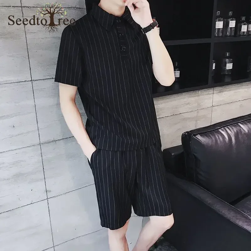 Summer Stripe Casual  Men\'s Set Turndown Collar Short Sleeved T-shirt Elastic Waist Shorts Two Piece Suit