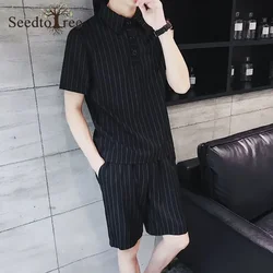 Summer Stripe Casual  Men's Set Turndown Collar Short Sleeved T-shirt Elastic Waist Shorts Two Piece Suit