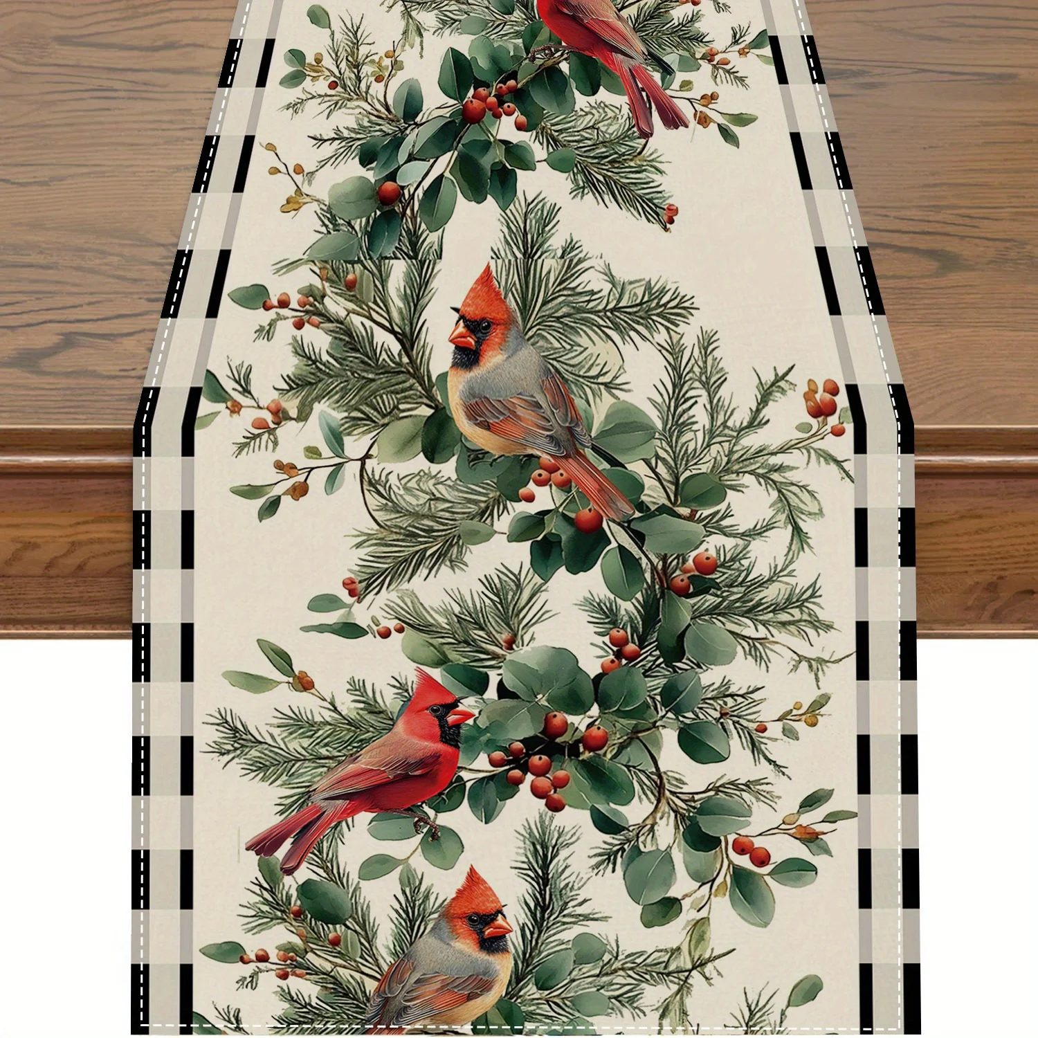 Christmas Pine Needle Berry Birds Linen Table Runner Holiday Party Decor Winter Eucalyptus Table Runners Christmas Decorations