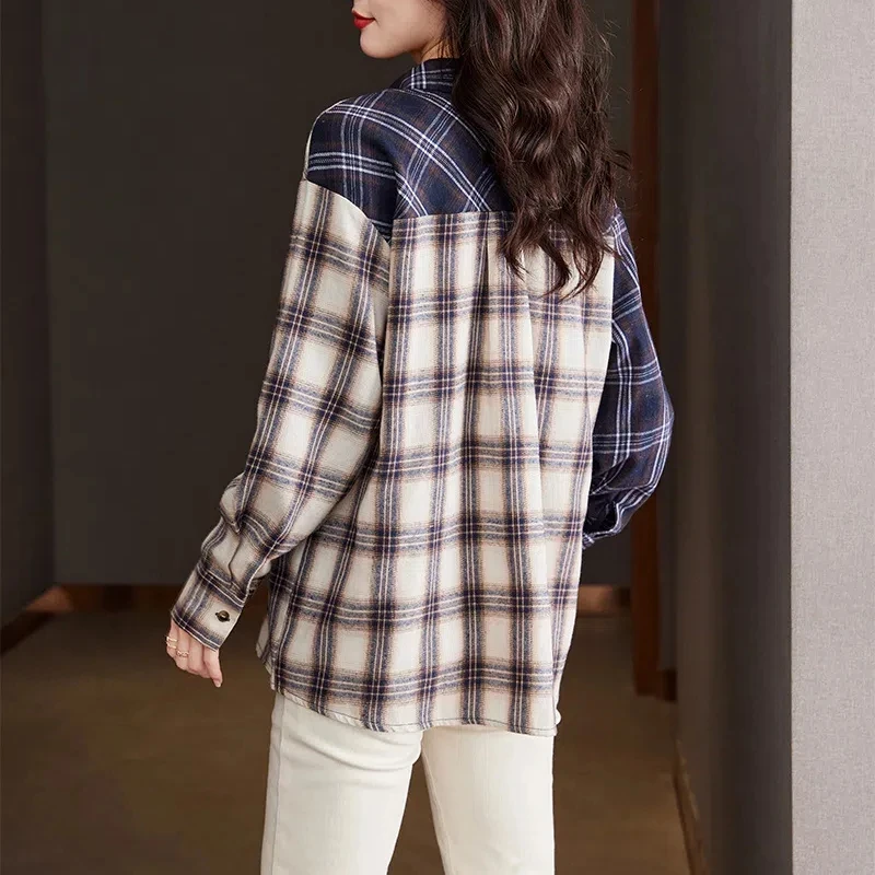 Contrast Color Turn-down Collar Button Up Long Sleeve Plaid Cardigan Casual Shirt Fashion Women\'s Clothing Spring Autumn Tops