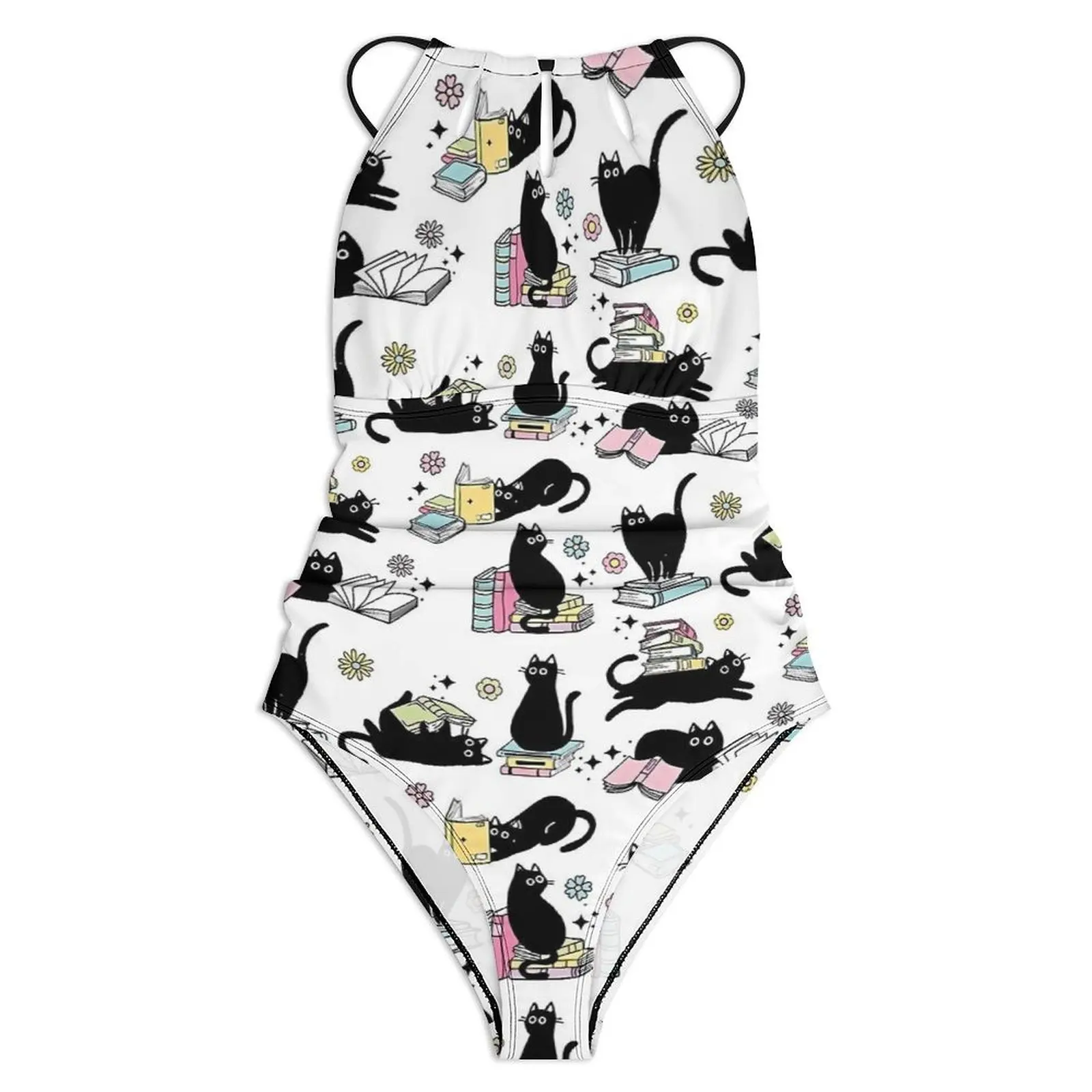 Library Cat Swimsuit Black Cats Books Swimwear One Piece Sport Design Bodysuit Cut Out Bathing Suits Lady Push Up Beach Outfits